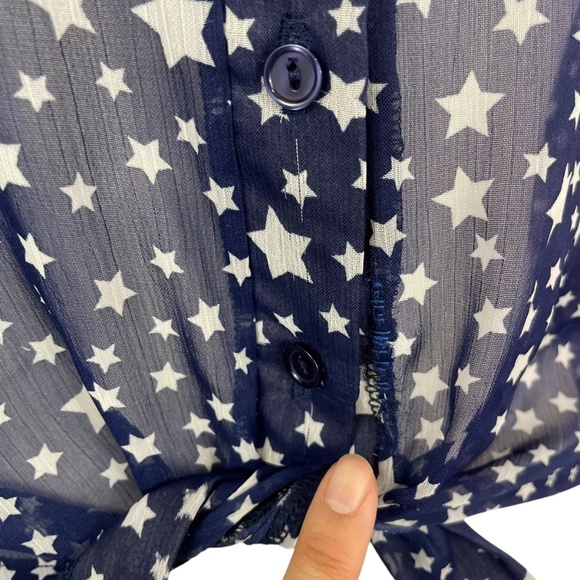 Star Print Lattice Sleeveless Blouse M Tie Waist Collared Caged Navy Blue Top - Picture 6 of 13